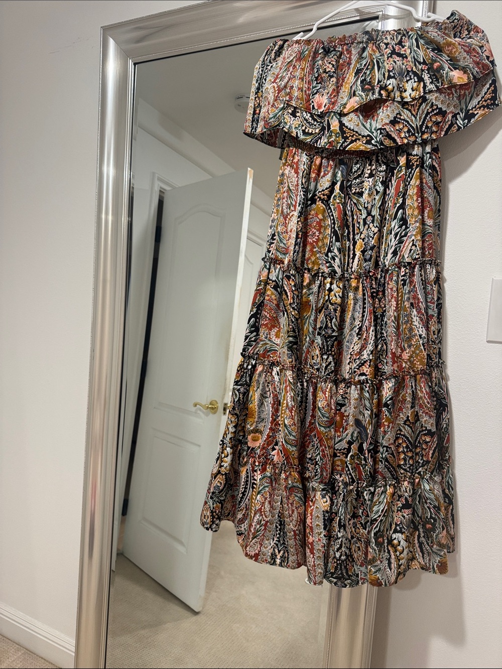 1. State Off-Shoulder Tiered Maxi Dress in Black and Rust Paisley